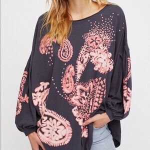 Free People Printed Montana Tee L Bleach Dye Paisley Balloon Sleeve Hippie Boho